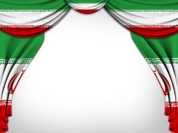 پرچم ایران نقاشی شده در یک پرده ابریشم تئاتر در یک پس زمینه سفید