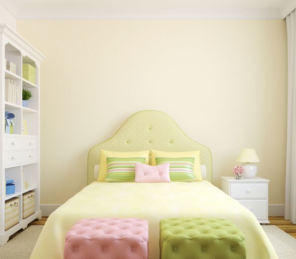 فضای داخلی اتاق خواب رنگارنگ برای دختران نمای جلویی رندر سه بعدی
