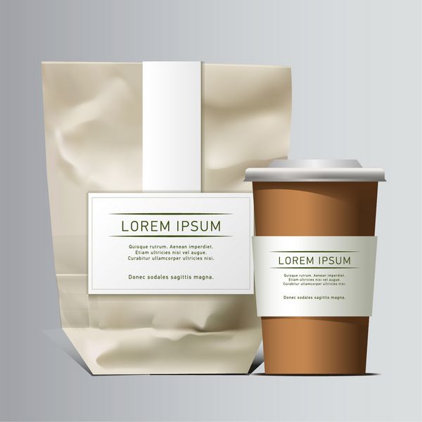 بسته اسنک فویل ماکت برای چیپس ادویه قهوه نمک و سایر محصولات قالب بسته پلاستیکی برای طراحی و برند شما بردار بسته بندی واقعی با برچسب و تایپوگرافی قهوه برای رفتن