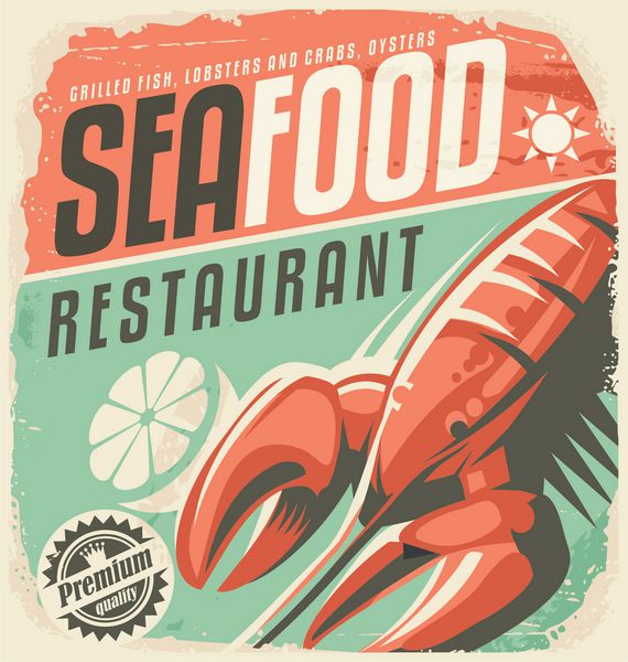 پوستر رستوران غذاهای دریایی رترو با تکه خرچنگ و لیمو علامت مخصوص ماهی های قدیمی روی بافت کاغذی قدیمی طرح طراحی تبلیغات تبلیغاتی برای اغذیه فروشی و مشروب فروشی تم پس زمینه غذا و نوشیدنی