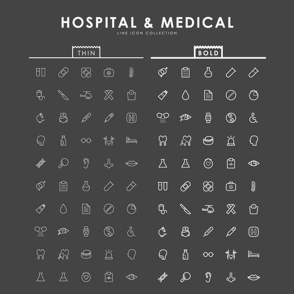 مفهوم بیمارستان و پزشکی روی نمادهای برجسته و نازک