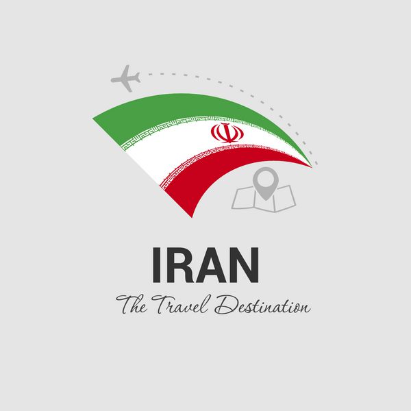 آرم مقصد سفر ایران - وکتور طراحی لوگو شرکت مسافرتی - گرافیک تی شرت مفهومی سفر و گردشگری پرچم کشور - وکتور
