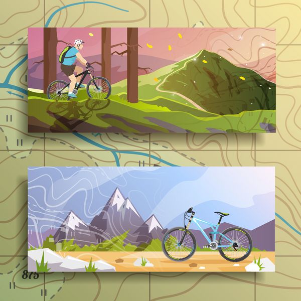 مجموعه ای زیبا از بنرهای رنگارنگ وکتور مسطح با موضوع دوچرخه سواری در کوهستان دوچرخه سواری همه موارد با عشق به خصوص برای پروژه های شگفت انگیز شما ایجاد می شوند