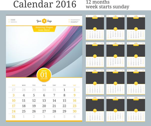 تقویم دیواری 2016 قالب وکتور با pl برای po 12 ماه هفته از یکشنبه شروع می شود
