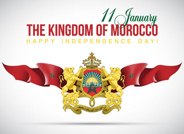 وکتور بنر جشن با پرچم های مراکش و کتیبه پادشاهی مراکش 11 ژانویه روز استقلال مبارک