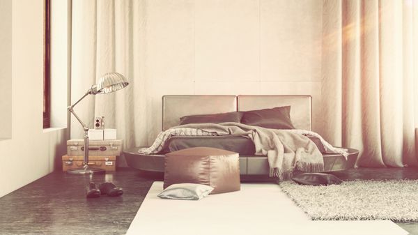 فضای داخلی اتاق خواب لوکس با دکور خاکستری و یک تخت روکش معاصر با پرده های بلند با فرش های پراکنده یک عثمانی و چراغ رندر سه بعدی