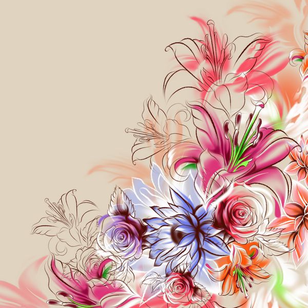 الگوی بدون درز گلهای عجیب و غریب استوایی که با مداد و آبرنگ کشیده شده اند رنگ رز نیلوفر و ارکیده سبک نقاشی خوکلومای روسی نقاشی با دست آزاد