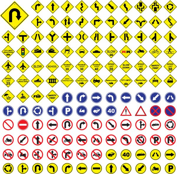 تابلوی راهنمایی و رانندگی زرد قرمز آبی تابلوی جاده ای مجموعه وکتور در پس زمینه سفید