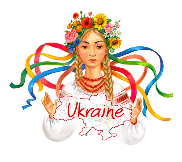 به اوکراین خوش آمدید تاج گل دختر اوکراینی و لباس سنتی تصویر نقاشی دستی