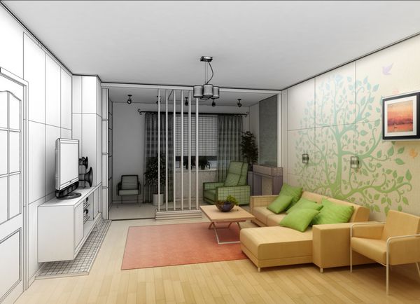 اتاق نشیمن با نمای چشم انداز معماری داخلی سه بعدی