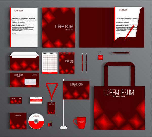 طراحی قالب هویت سازمانی قرمز با لوزی لوازم التحریر ست تجاری