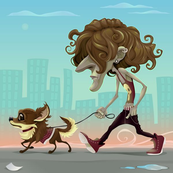 مردی با سگ در حال راه رفتن در خیابان وکتور تصویر کارتونی