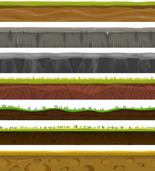 زمینهای بدون درز خاک و چمن برای بازی Ui تصویر مجموعه ای از زمینهای بدون درز مختلف خاکها و منطقه پیش زمینه زمین با تیغه های لایه چمن سنگ و الگوهای زیرزمینی
