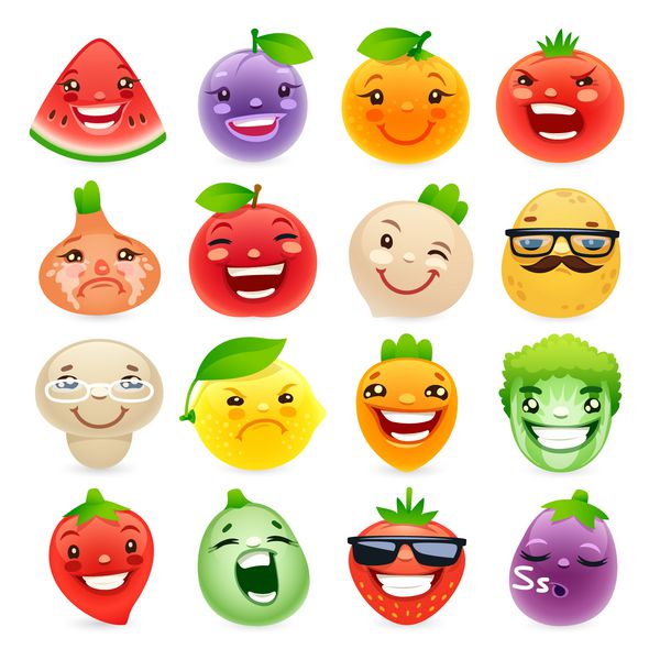 میوه ها و سبزیجات کارتونی خنده دار با احساسات مختلف جدا شده در زمینه سفید