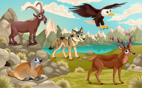 حیوانات بامزه در منظره کوهستانی وکتور تصویر کارتونی