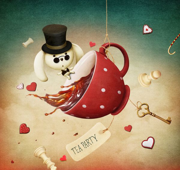 تصویر فانتزی با فنجان چای قرمز و خرگوش