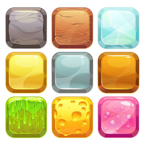 مجموعه دکمه های مربع کارتونی نمادهای برنامه با بافت های مختلف جدا شده روی سفید