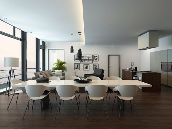 داخلی اتاق نشیمن آپارتمان مدرن لوکس با کف پارکت میز ناهار خوری سفید فضای استراحت و آشپزخانه با جزیره آشپزخانه رندر سه بعدی