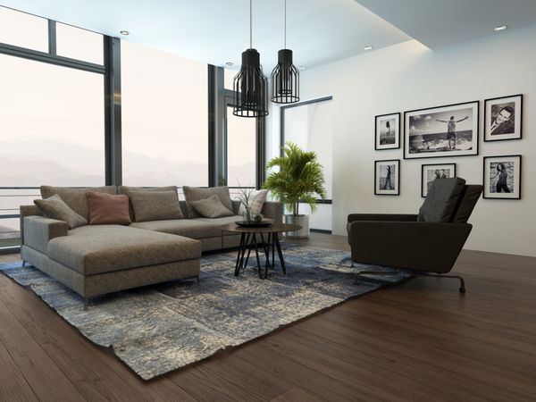 فضای داخلی اتاق نشیمن دنج مدرن با کاناپه یا مبل خاکستری و فرش روی یک کف پارکت چوبی رندر سه بعدی