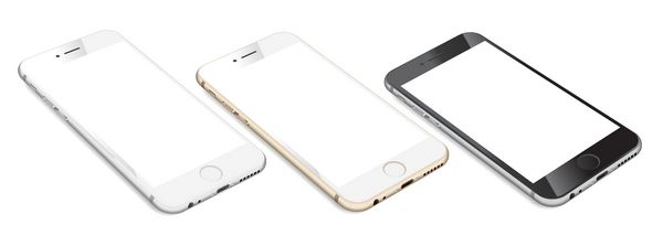 مجموعه ای از تلفن های هوشمند با صفحه نمایش خالی که روی موج سواری صاف در سه رنگ سفید طلایی و سیاه جدا شده در پس زمینه سفید - وکتور واقعی با جزئیات بالا