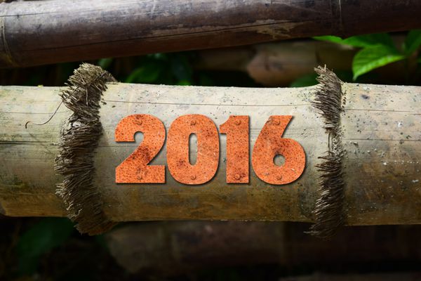 سال 2016 با بلوک های چاپ لترپرس قدیمی روی زمینه چوب روستایی نوشته شده است