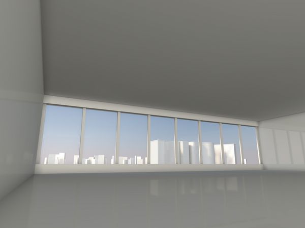 اتاق زیر شیروانی سفید با رندر سه بعدی از پنجره به آسمان خراش ها