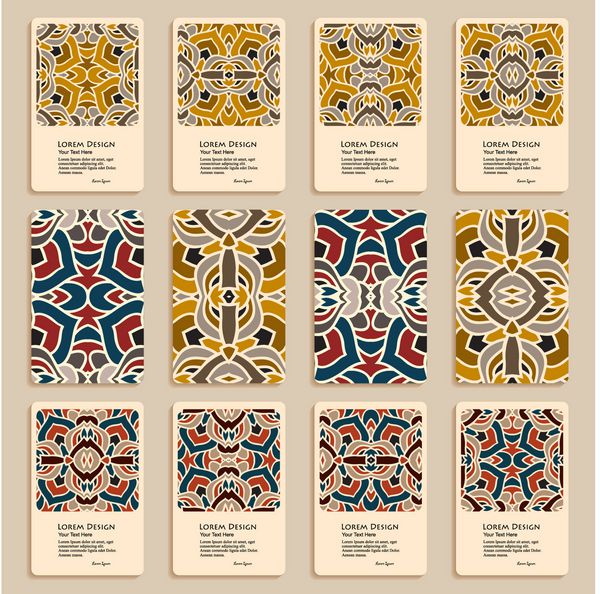 مجموعه چند رنگی از کارت‌های ویزیت و الگوهای سرصفحه با تزئینات قبیله‌ای ماندالا برای تبریک کارت دعوت یا جلد وکتور