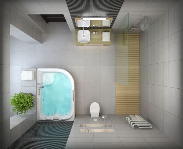 نمای داخلی طراحی مدرن حمام نمای بالا رندر سه بعدی