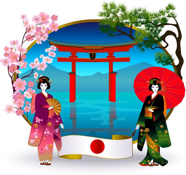 سفر به ژاپن در مرکز تصویر دو زن ژاپنی کیمونو در دو طرف قاب بیضی Itukushima torii هستند در شاخه ساکورا سمت چپ در زیر پرچم ژاپن است