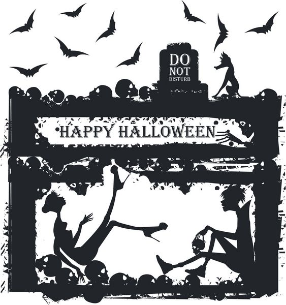 تصویر سیاه و سفید شیک از زنان خون آشام و ترسیده زن وحشت زده در مهمانی هالووین با یک خون آشام کارت تبریک هالووین