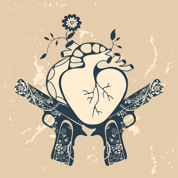 نماد سبک وینتیج با قلب انسان و دو هفت تیر وکتور