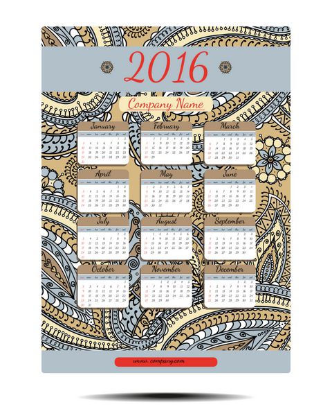 طراحی سال 2016 تقویم paisley doodles انگلیسی شروع یکشنبه