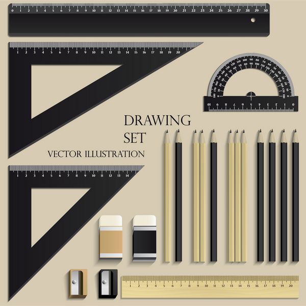 ست طراحی خط کش نقاله مداد پاک کن و تراش چوب و پلاستیک واقعی