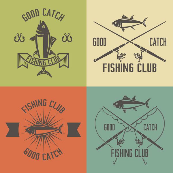 مجموعه باشگاه ماهیگیری از وکتور برچسب های قدیمی نشان ها نشان ها چوب ماهیگیری ماهی تن قلاب ماهیگیری آرم های ورزشی ماهیگیری