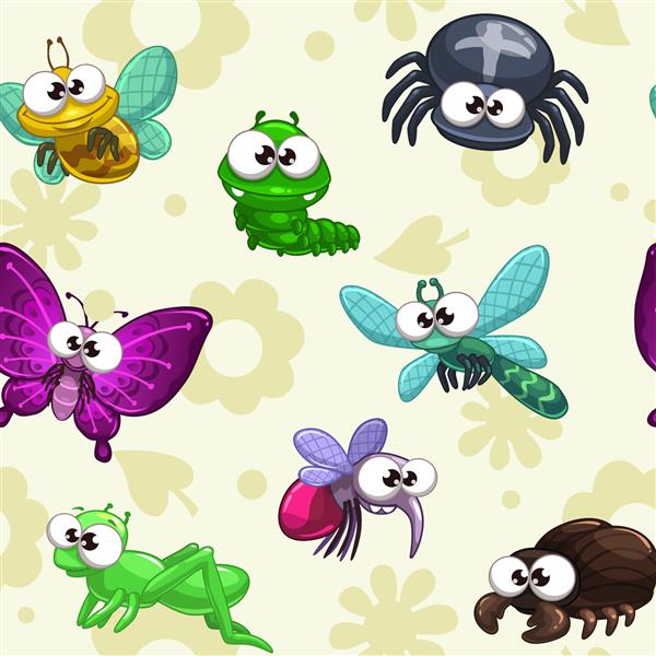 الگوی بدون درز با حشرات کارتونی خنده دار وکتور بافت کودکانه