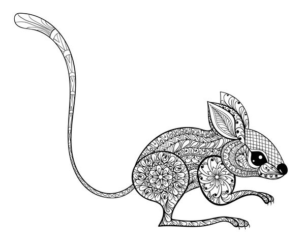 توتم موش با دست کشیده شده برای صفحه رنگ آمیزی ضد استرس بزرگسالان با جزئیات بالا جدا شده روی پس زمینه سفید تصویر به سبک ابله طرح تک رنگ وکتور مجموعه حیوانات