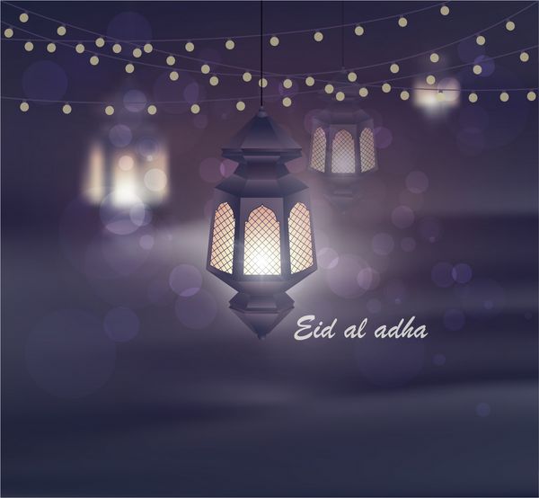 عید قربان الگوی کارت تبریک جشن عید فطر مسلمانان با فانوس در پس زمینه نورهای تار مسجد برای ماه مبارک اسلامی جشن کریم رمضان