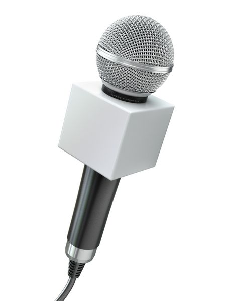 میکروفون جدا شده روی سفید مفهوم کارائوکه یا خبری 3 بعدی