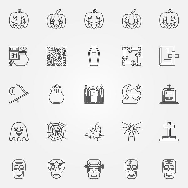 مجموعه آیکون های خطی هالووین - مجموعه وکتور از جمجمه های خطی نازک کدو تنبل استخوان و سایر نمادها یا عناصر لوگوی هالووین