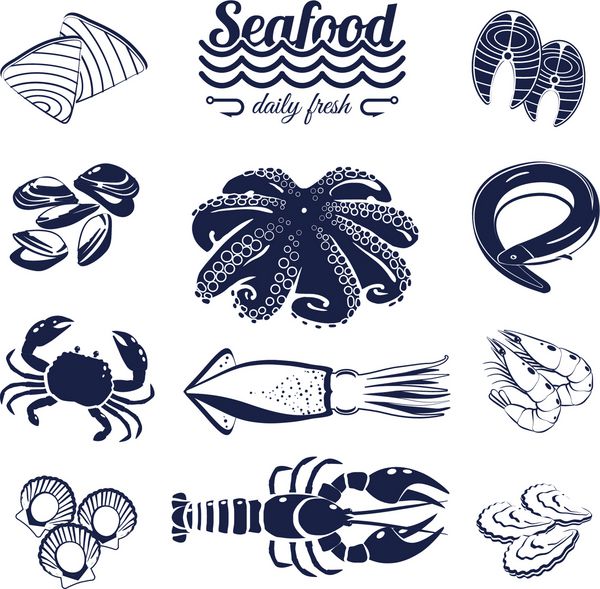 مجموعه ای از عناصر غذای دریایی کارتونی یکنواخت - ماهی تن ماهی قزل آلا صدف خرچنگ خرچنگ و غیره تصاویر وکتور جدا شده در پس زمینه شفاف