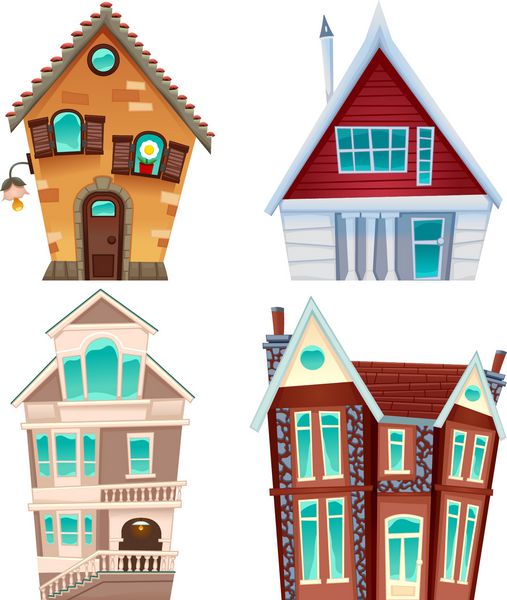 مجموعه ای از خانه ها وکتور آیتم های جدا شده کارتونی برای بازی و گرافیک