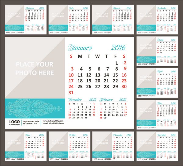 تقویم رومیزی 2016 هفته از یکشنبه شروع می شود مجموعه 12 ماهه وکتور
