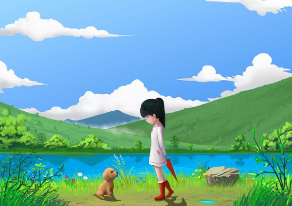 تصویر بهار آنجاست که دختر کوچولو با سگ کوچولو ملاقات می کند داستان با طراحی پس زمینه صحنه صحنه کارتونی فوق العاده
