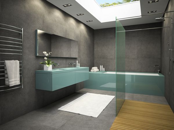 نمای داخلی حمام با پنجره سقفی رندر سه بعدی