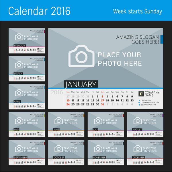 تقویم رومیزی برای سال 2016 قالب چاپ طرح وکتور با pl برای po مجموعه 12 ماهه هفته از یکشنبه شروع می شود