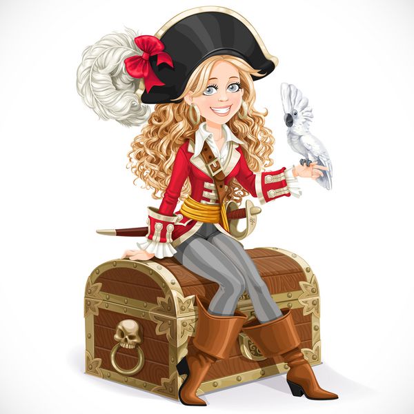 دختر دزد دریایی ناز با طوطی روی سینه بزرگ جدا شده روی پس زمینه سفید نشسته است