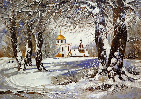 منظره زمستانی با کلیسا در چوب