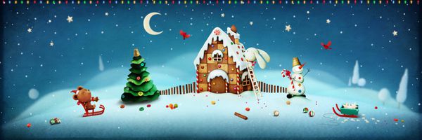 تصویر پانوراما با اشیاء کریسمس با نان زنجبیلی خانه و درخت کریسمس خرگوش و ماجراجویی خرس