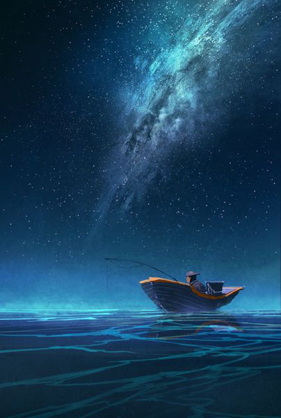 ماهیگیر در یک قایق در شب در زیر راه شیری نقاشی تصویر