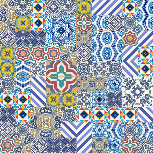 الگوی تکه کاری بدون درز فوق العاده زیبا از کاشی های رنگارنگ مراکشی پرتغالی آزوله جو زیور آلات می تواند برای کاغذ دیواری پرکردن الگو پس زمینه صفحه وب بافت های گشت و گذار استفاده شود